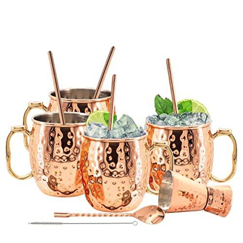 Kitchen Science Moscow Mule Stainless Steel Lined Copper Mugs Set of 4 (18oz) w/ 4 Straws, 1 Jigger, 1 Spoon & 1 Brush | New Thumb Rest, Tarnish-Resistant Steel Interior & Lacquered Copper Exterior