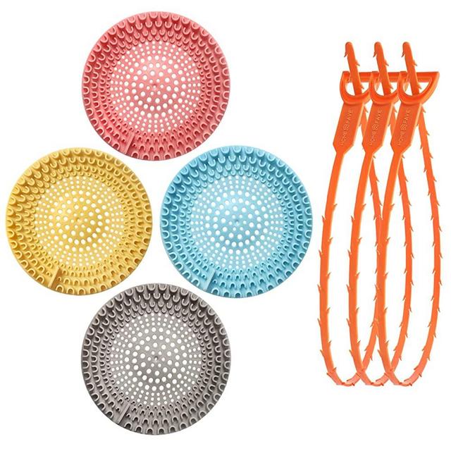 Drain Hair Catcher Drain Clog Remover, 7pcs Bathroom Accessories Set, 4 Durable Silicone Shower Hair Drain Catcher, 3 Drain Snake Hair Remover 25in, Cleaner Sink Stopper for Tub Bathtub and Kitchen