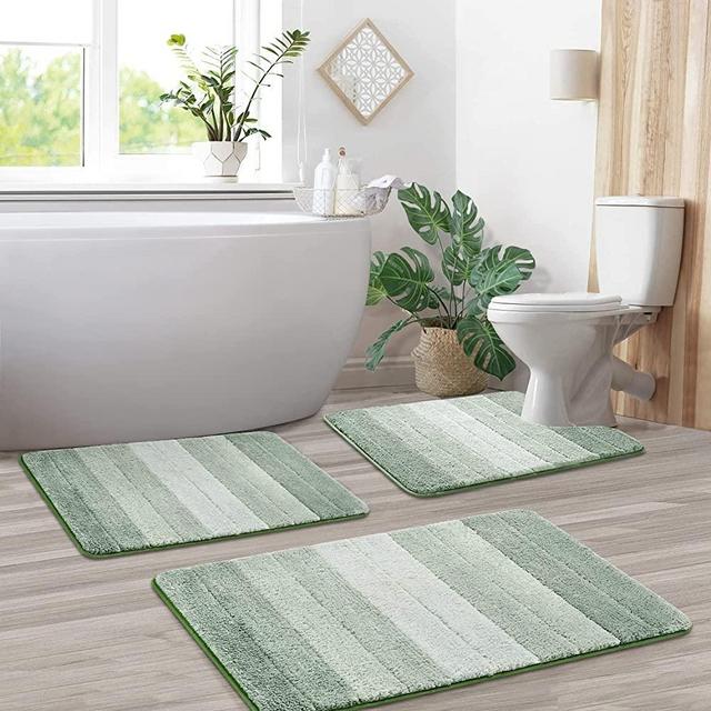 KMSON 3 Pcs Ombre Bath Rug Set Bathroom Rugs with U-Shaped Contour Toilet Mat, Non Slip Ultra Soft and Water Absorbent Bath Carpet, Machine Washable Quick Drying Bedroom Floor Mat Rug Green