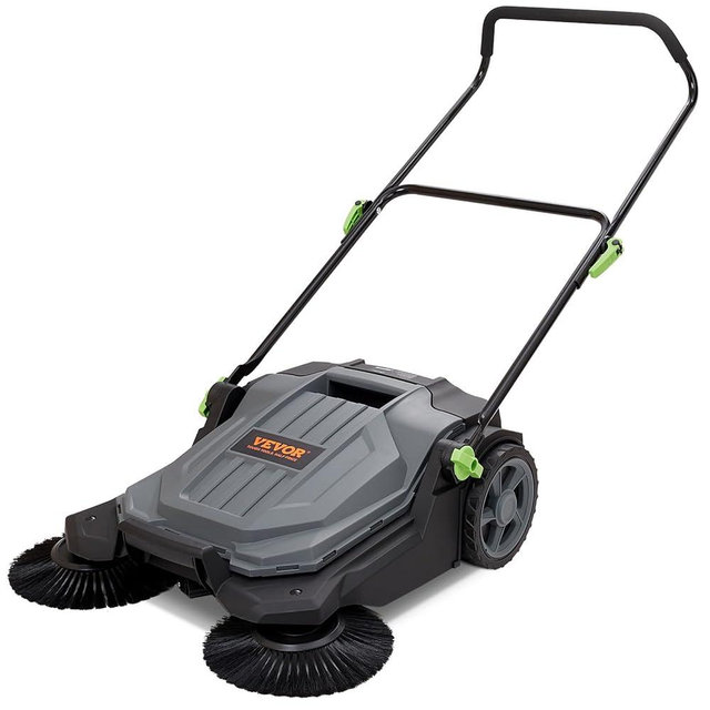 VEVOR 25.6" Sweeping Width Floor Sweeper Manual Non-Electric 5-Gallon Waste Container, Angle & Height Adjustable Folding Handle for Walkway, Yard, Garage, Patio, Gray + Black