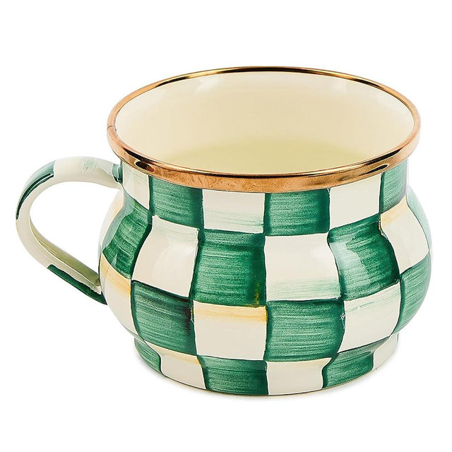 MACKENZIE-CHILDS Enamel Teacup, Unique Coffee and Tea Mug, Enamel Cup for Hot Tea, Green-and-White Emerald Check