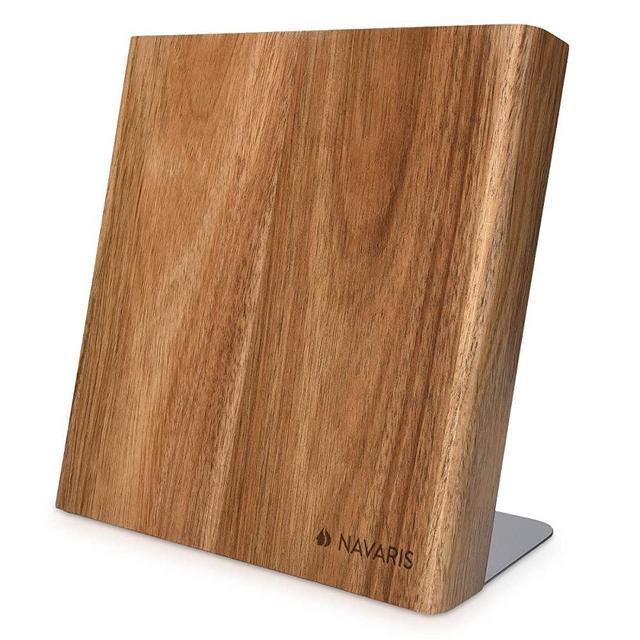 Navaris Wooden Magnetic Knife Holder - Universal Wood Magnetic Block & Organizer for Knives, Scissors, Utensils - Acacia, 9.1" x 8.9"