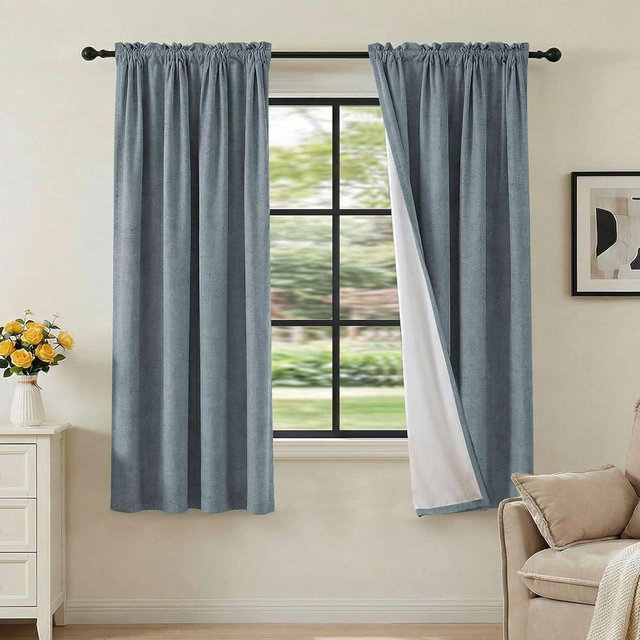 H.VERSAILTEX Linen Look 100% Blackout Curtains 63 Inches Long for Bedroom Rod Pocket 42 Inches Wide Linen Textured Thick Window Curtain Drapes with White Backing, Stone Blue, 2 Panels