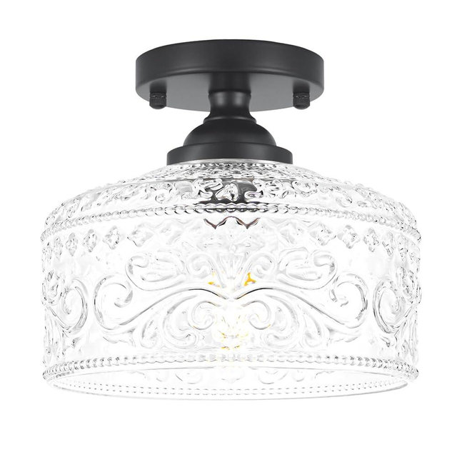 Small Semi Flush Mount Ceiling Light Fixture, Vintage Matte Black Close to Ceiling Lighting with Etched Glass Shade for Hallway, Kitchen, Entryway (Retro Design, Easy Install)