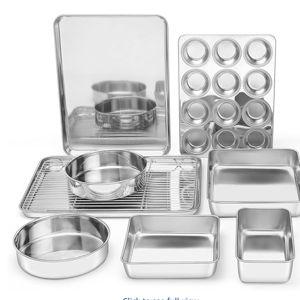 E-far 9-Piece Baking Pan Set, Stainless Steel Bakeware Sets for Sheet Cake Cookie Loaf Muffin, Include Baking Sheet, Round Square Rectangle Baking Pan & Cooling Rack, Dishwasher Safe