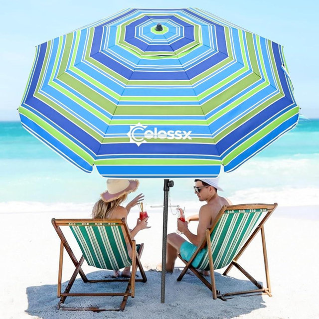 Colossx Beach Umbrella for Sand - Windproof Heavy Duty Iron Pole with Sand Anchor, UPF 50+ UV Protection & Tilt Mechanism, Portable Sun Shade Parasol, Carrying Bag for Beach Patio Garden Outdoor