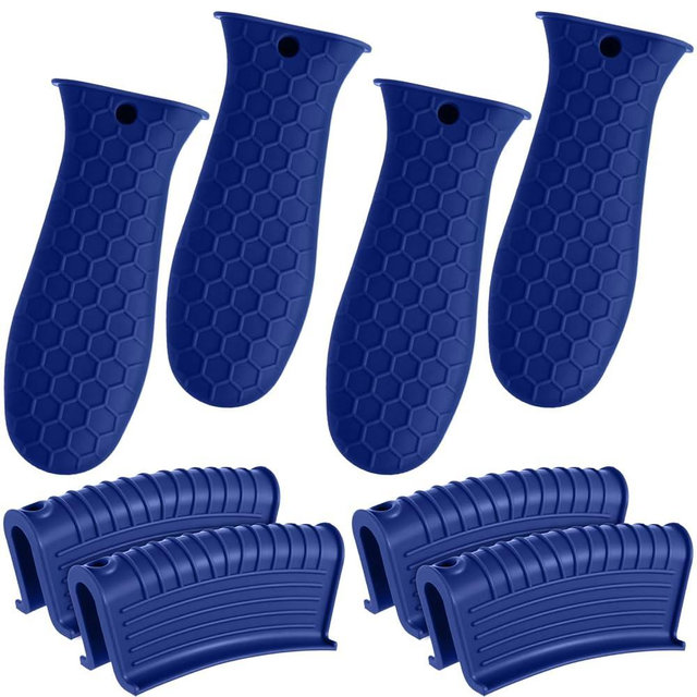 Patelai 8 Pcs Silicone Pot Holders Set Cast Iron Handle Cover Heat Resistant Pot Handle Covers Potholder Non Slip Reusable Pan Sleeve for Frying Pan Kitchen Supplies (Navy Blue)