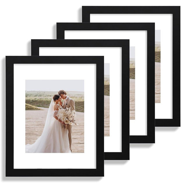Hongkee 11x14 Picture Frame Set of 4, Made of Glass and Black Wooden Frame, Display 8x10 Pictures with Mat or 11 x 14 Posters without Mat for Wall Mounting, Gallery Photo Frames
