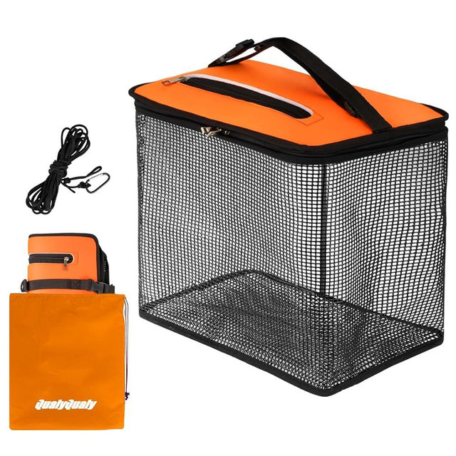QualyQualy Floating Fish Basket for Live Caught, 10/15 Gallons Foldable Fishing Holder Minnow Bucket Portable Collapsible Fishing Net Storage Cage for Live Fish Bait Live Well