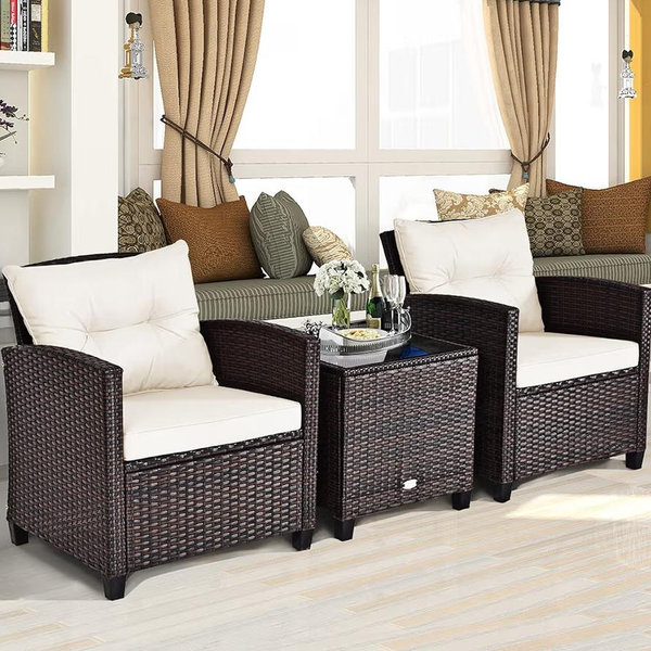 HAPPYGRILL 3 Pieces Patio Conversation Set, Outdoor Furniture Set PE Rattan Sofa Set with Removable Cushions, PE Wicker Chairs with Tempered Glass Side Table for Porch Lawn Garden Balcony Backyard