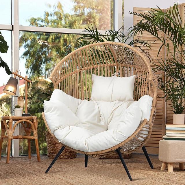 JAMFLY Egg Chair Outdoor Wicker Patio Chair, Oversized Lounger Chair with Cushion Egg Basket Chair for Indoor Living Room Bedroom Outside Patio Backyard Balcony