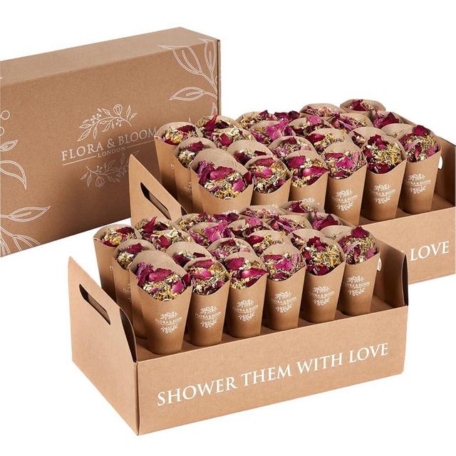 Flora & Bloom Biodegradable Confetti With Pre Built Cones | Dried Flowers (320 Grams) | Wedding Confetti Kit | Pop Open Cones & Tray | Jasmine, Lavender & Rose Petals | Wedding Decorations (48 Guests)