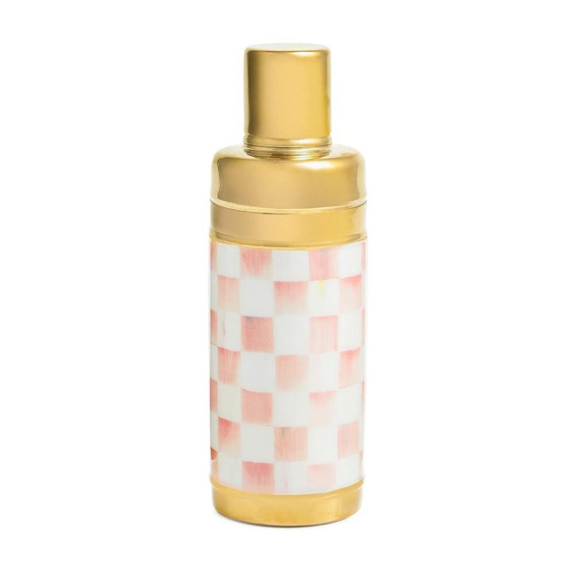 MACKENZIE-CHILDS 3260 Cocktail Shaker, Stainless-Steel Shaker Cup with Lid, Bartender Equipment for Home, 20 Ounces, Pink-and-White Rosy Check