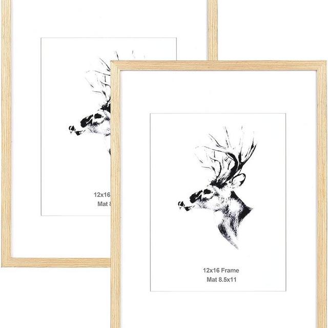 Yaetm 12x16 Picture Frame With Mat for 8.5x11 Set of 2, Solid Oak Wood Poster Frame 12 x 16 inches, Wall Gallery Photo Frames for Horizontal and Vertical Wall Mounted (2 pack, Oak)
