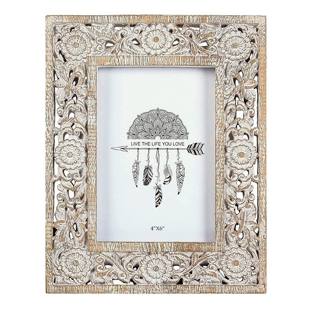 NIKKY HOME Farmhouse Boho Style Floral Picture Frame 4x6 Rustic Resin Photo Frame with Distressed White Finish, High Definition Glass for Wall and Table Top Display
