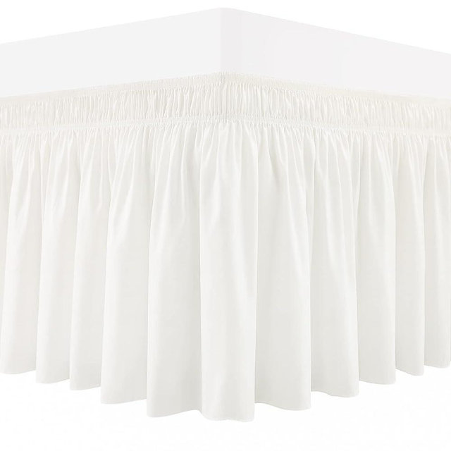 RIMELA Bed Skirt Wrap Around Elastic Dust Ruffles Solid Color Wrinkle and Fade Resistant with Adjustable Elastic Belt Easy to Install Ivory for Queen Size 18 Inch Drop