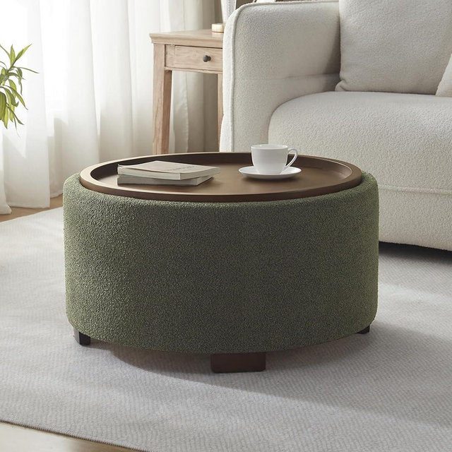 Zihanhome 30 Inch Round Storage Ottoman Coffee Table, Modern Boucle Ottoman with Lift-Off Lid and Solid Wood Legs for Living Room, Bedroom, Corners, Apartments (Green)