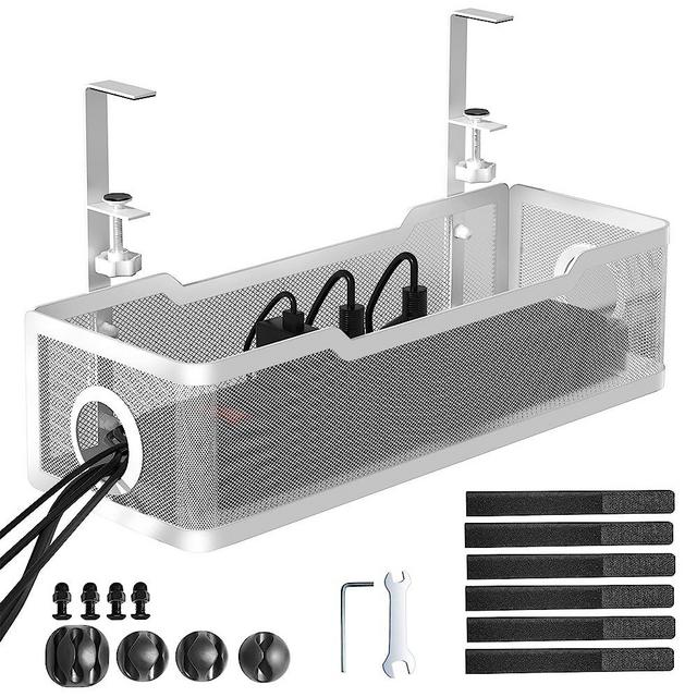 Under Desk Cable Management Tray White, Cinati Cable Management Under Desk No Drill, Cable Tray with Clamp for Desk Wire Management,Desk Cable Management Box for Office, Home - No Damage to Desk