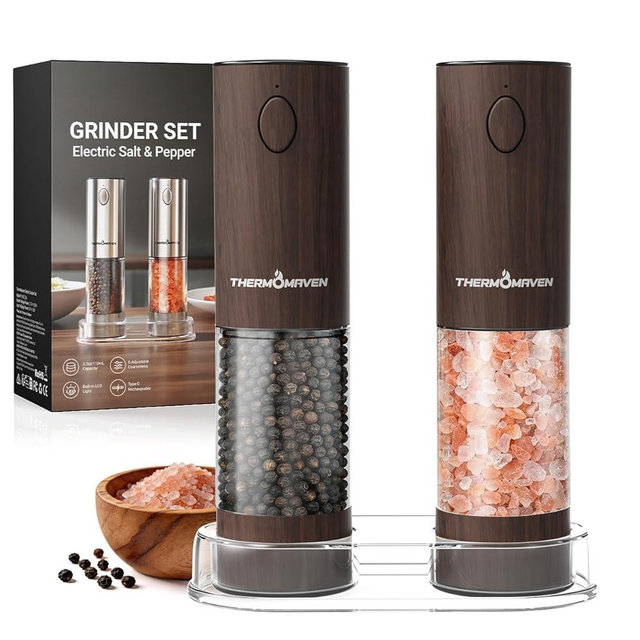 ThermoMaven Electric Salt and Pepper Grinder Set, 110ml Larger Rechargeable Automatic Salt and Pepper Mill Grinder with 6 Adjustable Coarseness, Electric Salt and Pepper Shakers, LED, Black Walnut