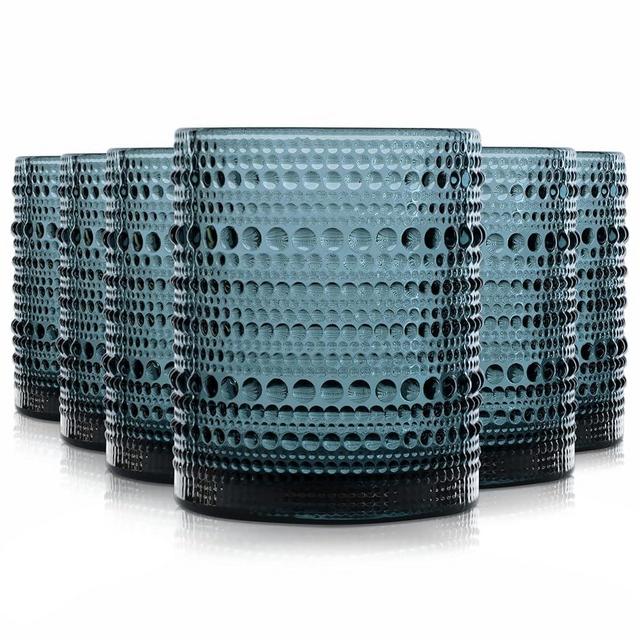 Wongblee Hobnail Drinking Glasses Set of 6, Vintage Colored Glassware 11oz, Beverage Glass Cups for Water, Juice, Cocktail (Blue)