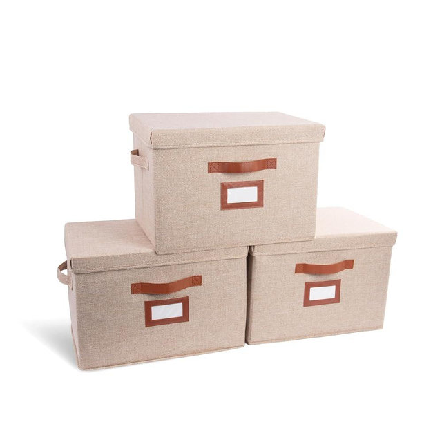 Clutter Cure 3 Pack Large Fabric Storage Bins with Lid - Decorative Box with Lid, Label Holder, Faux Handles - Large Decorative Storage Boxes with Lids for Organizing Clothes, Blankets - Oatmeal