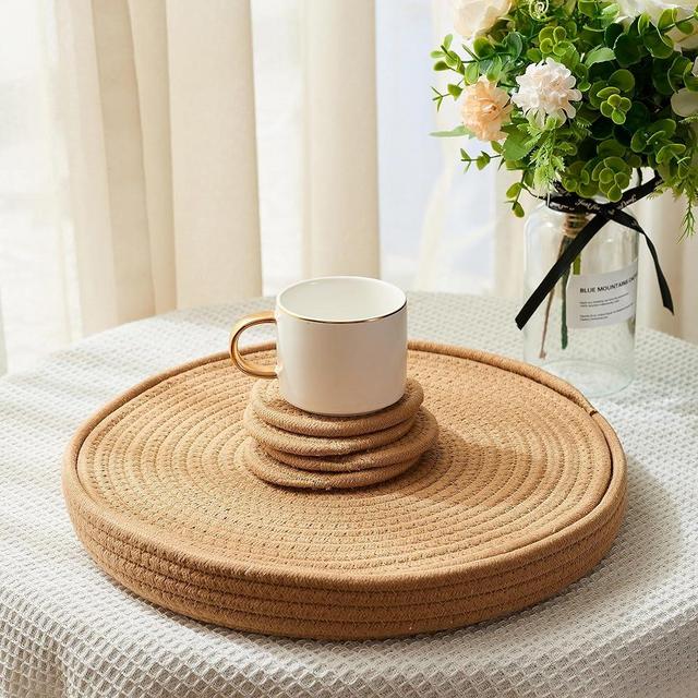 Woven Cotton Rope Round Placemats Set of 9 Pcs with Holder Included, Handmade Boho Woven 13" Placemats&4.3" Coasters,Non-Slip and Heat Resistant for Your Perfect Table Decor(Brown)