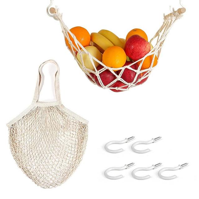 Evbopa Hanging Fruit Hammock for Kitchen Under Cabinet Macrame Fruit Basket for Bananas Fruit Storage with Hooks for Kitchen Décor