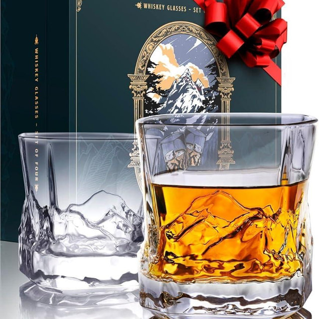 Unique Everest Bourbon Glasses Set of 2 in Fabric-Lined Gift Box - Mountains Theme - Heavy Freezable 8 OZ Old Fashioned Whiskey Glasses Set of 2 - Scotch Glass Set 2 - Whiskey Gifts for Men