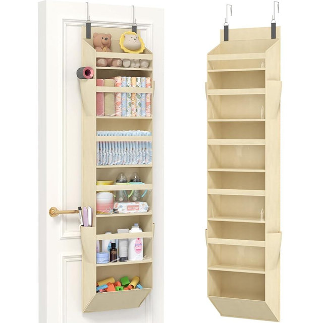 Lifewit 1 Pack Over the Door Organizer, 6 Section Clear Window Hanging Storage with 4 Side Pockets, Sturdy Anti Tilt 40 lbs Load Behind Door for Closet, Bedroom, Bathroom, Nursery, Dorm, Beige