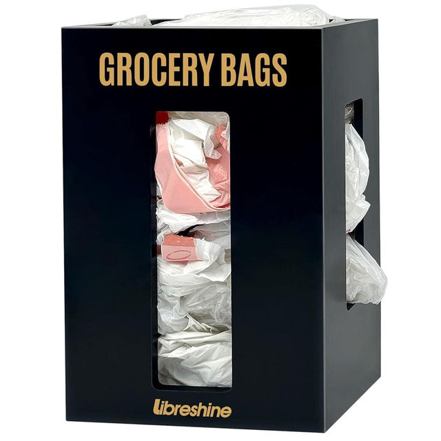 Libreshine Large Grocery Bag Organizer Under Sink, Plastic Bag Holders for Grocery Bags Cabinet, Bamboo Grocery Bag Holder Wall Mount Black