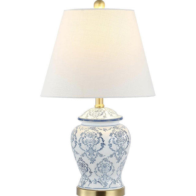 JONATHAN Y 22.25" Blue/White Chinoiserie Ceramic Urn Table Lamp, Traditional Classic Nightstand Lamp for Living Room Bedroom, White Linen Shade, LED Bulb Included JYL3085A
