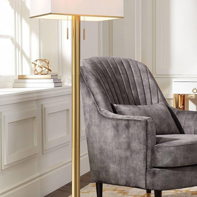 Possini Euro Design Bolivar Mid Century Modern 72" Tall Standing Floor Lamp Light Large Oversized 2-Light Pull Chain Metal Warm Gold Finish Living Room Bedroom House Reading Office Home Decor Dining