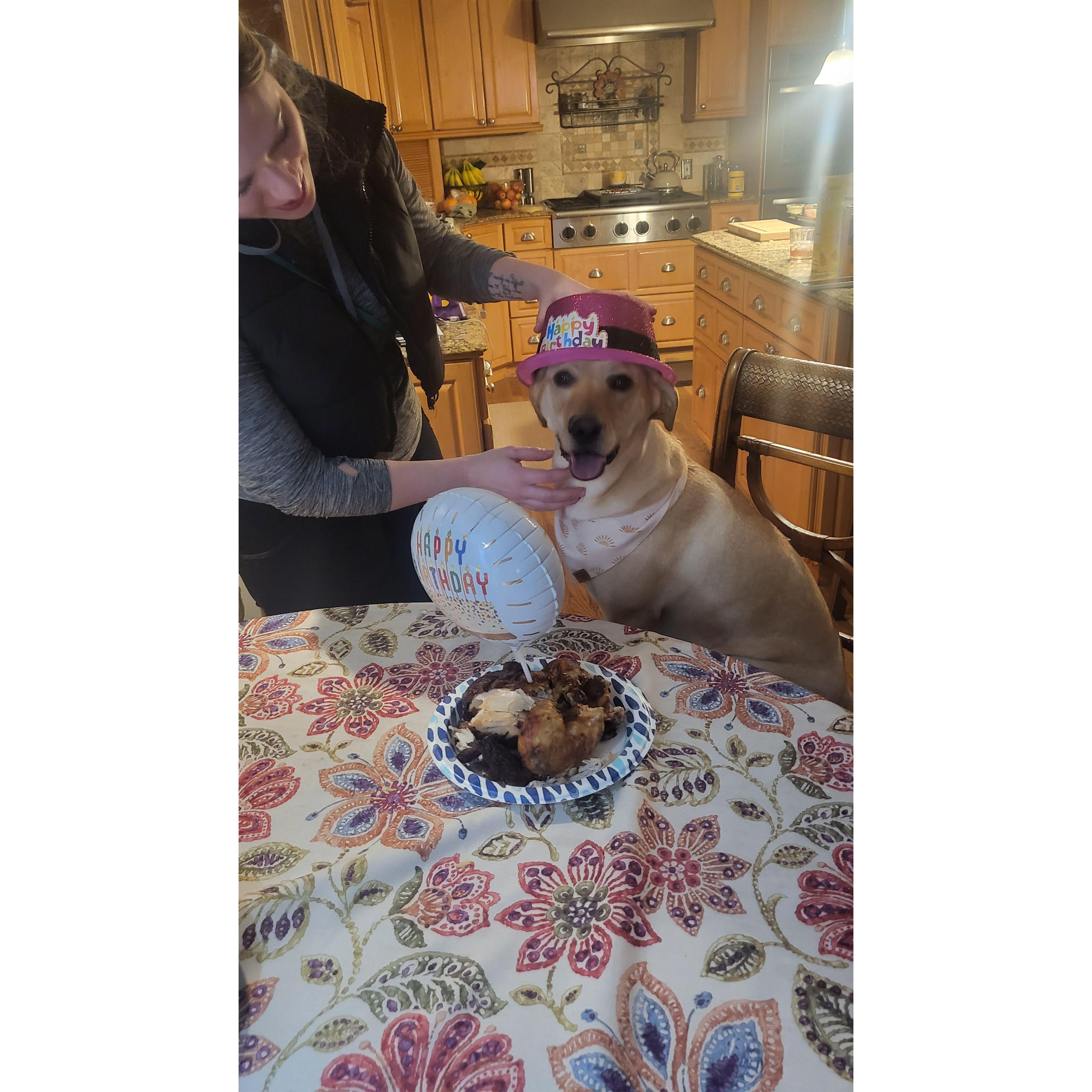 Ellie's 3rd birthday. Kev INSISTED that Ellie get to eat an entire chicken on her birthday. Guess who she loves more now.