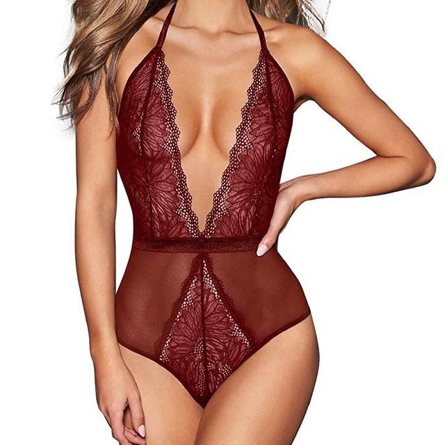 AnloveKiss Women Sexy Lingerie-Deep V Neck Backless Halter Teddy Bodysuit Perspective Lace Babydoll Underwear
