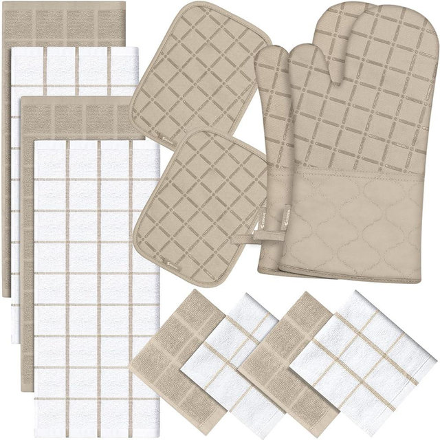 Oven Mitts Pot Holders Sets/Kitchen Towels and Dishcloths, Oven Gloves Kitchen Dish Towels 500 Degree Heat Resistant Potholders with Non-Slip Silicone Surface for Cooking, Grilling, Baking-Beige