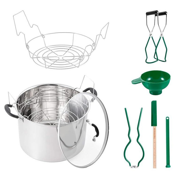 Water Bath Canner 7-Piece Set, Includes Stainless Steel 21.5Qt Induction Capable Canner with Glass Lid, 1 Stainless Steel Prep-N-Cook Canning Rack, 1 Jar Wrench, 1 Bubble Remover, 1 Lid Lifter
