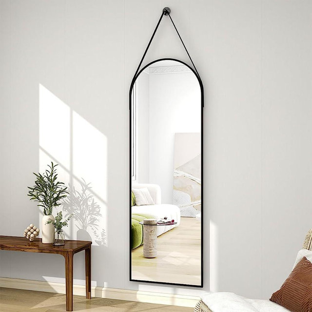 XRAMFY 48''x16'' Arched Wall Mirror Full Lengthr with Hanging Mirror Leather Cord Aluminum Frame Wall-Mounted Hanging Mirrors for Bathroom Vanity Living Room Bedroom Entryway Decor