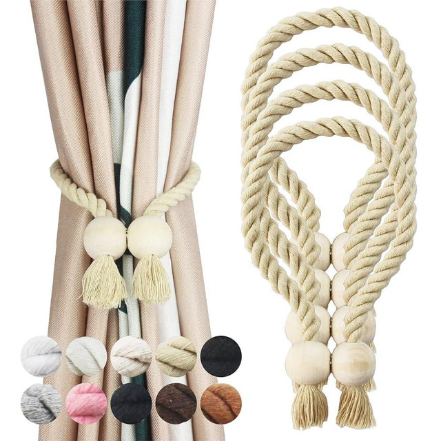 Porlau 4 Pack Dark Beige Magnetic Curtain Tiebacks Cotton Hand Woven Tieback Holdback Decorative Tie Backs for Drapes with Wooden Buckle No Tools Required