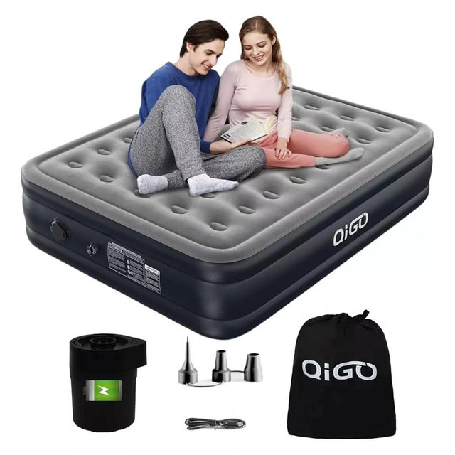 QIGO Air Mattress Queen Size with Chargeable Battery Built in Pump, Blow up Mattress for Camping, Home and Guests, Quick Self Inflating Air Bed, Colchon Inflable - Portable, Comfortable and Durable