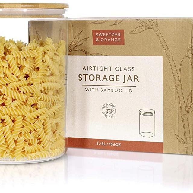 Sweetzer & Orange Glass Food Storage Container with Bamboo Lid (3.15 L) - Airtight Storage Container Candy Jar for Whole Grains, Beans, Legumes, Rice, Dried Fruits, Couscous, Rolled Oats, Paleo Mix