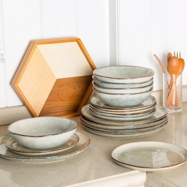 AmorArc Ceramic Dinnerware Sets,Handmade Reactive Glaze Plates and Bowls Set,Highly Chip and Crack Resistant | Dishwasher & Microwave Safe,Service for 6 (18pc)