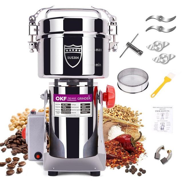 1000g Grain Mill, 304 Stainless Steel Spice Grinder, 3000W High-speed Commercial Flour Mill, Superfine Flour Mill Grinder for Home, Grain Mill for Flour