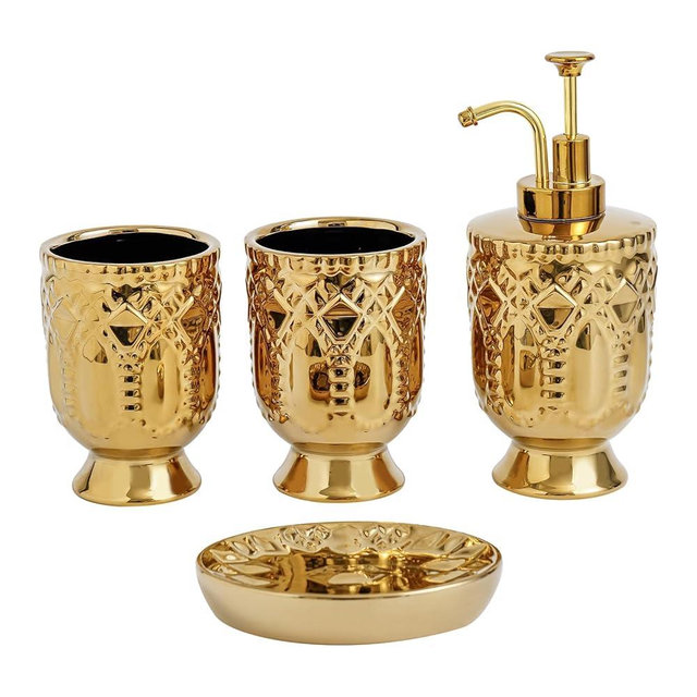 4-Piece Bathroom Accessory Set, Ceramic Bathroom Soap Dispenser Sets, Complete Gold Bath Decor Include Soap Dispenser, Toothbrush Holder, Tumblers,Soap Dish