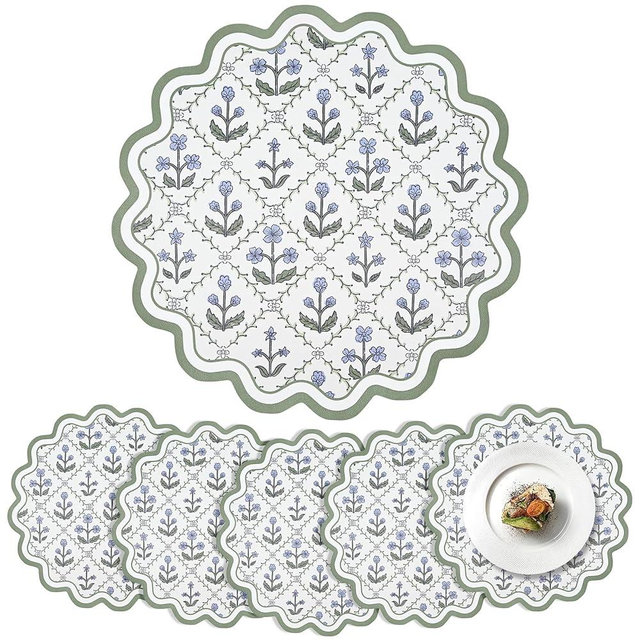 Set of 6 Agate Green Vinyl Placemats 13 Inch Round Scalloped Edge Floral Embroidery Placemats Washable Flower Faux Leather Table Mats Heat Resistant for Table Setting Wedding Bridal Shower Party Decor