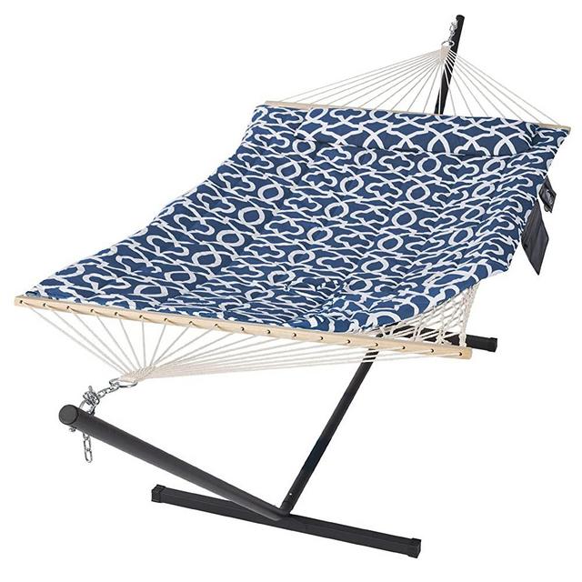 SUNCREAT Double Portable Hammock with Stand Included, 475 lbs Capactiy, Extra Large Two Person Hammock, Blue Pattern