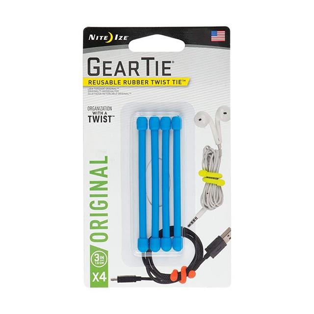 Nite Ize Original Gear Tie, Reusable Rubber Twist Tie, 3-Inch, Bright Blue, 4 Pack, Made in The USA