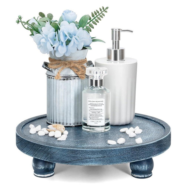 EOSAHR Decorative Display Risers for Living Room Decor - Farmhouse Wood Pedestal Stand for Kitchen Sink Organizer - Perfume Organizer for Bathroom Decor (Blue)