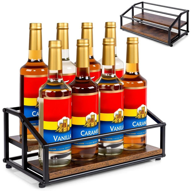 kimilus Coffee Syrup Organizer Rack, Liquor Bottle Display Shelf, 2 Tier 8 Syrup Bottles Holder Stand for Coffee Bar Kitchen Small Wine Rack for Family Storage for Syrup Wine Dressing
