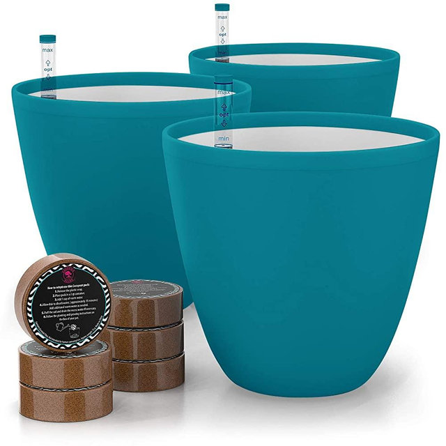 7'' Self Watering Planters for Indoor Plants - Flower Pot with Water Level Indicator for Plants, Grow Tracking Tool - Self Watering Planter Plant Pot - Coco Coir - Teal Round 3 Pack