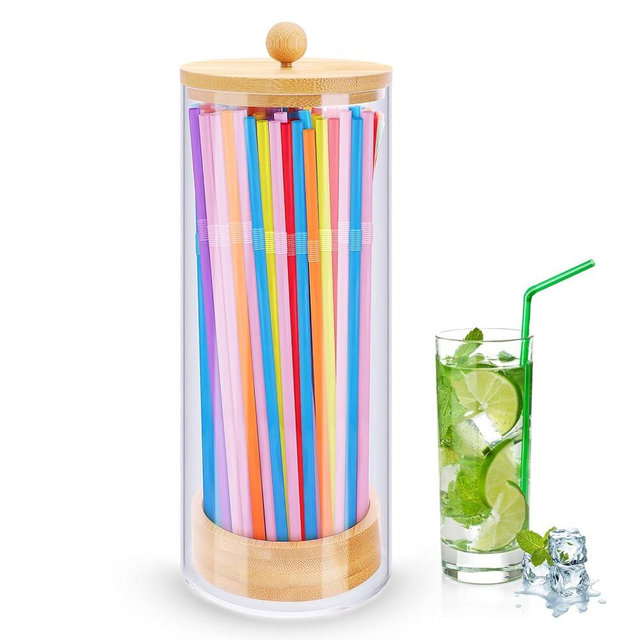 JYPS Acrylic Straw Holder Dispenser for Counter with 100 Colorful Straws - Drinking Straw Dispenser with Bamboo Lid for Standard Straws, Straw Organizer for Kitchen